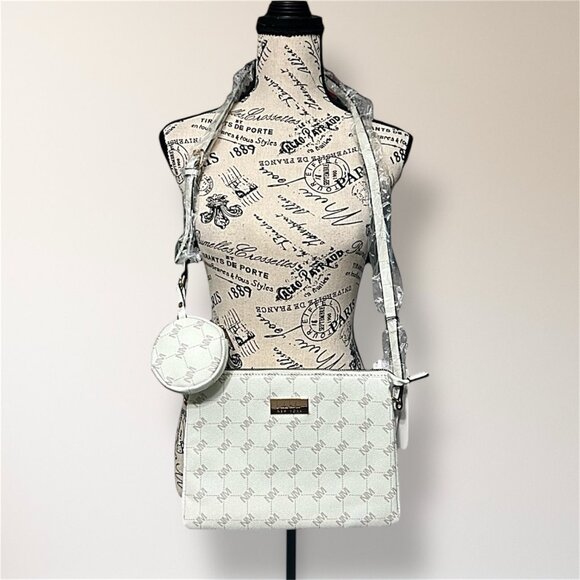 New Nicole Miller New York Bone Monogram Crossbody Bag Coin Purse Minimal Luxe - Picture 3 of 11